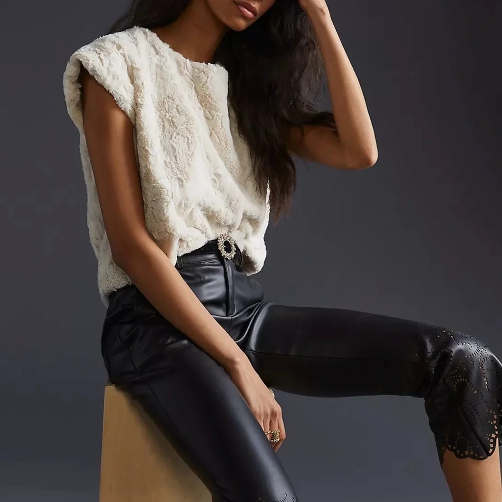 MAEVE @ ANTHROPOLOGIE Faux Fur Short Sleeve Tee, Cream, Size Large NWT - Picture 11 of 12